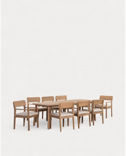 Set de Mesa Rectangular (240x100 cm) y 8 Sillas con Reposabrazos de Madera de Acacia de Exterior Mirla - Beige Seashell