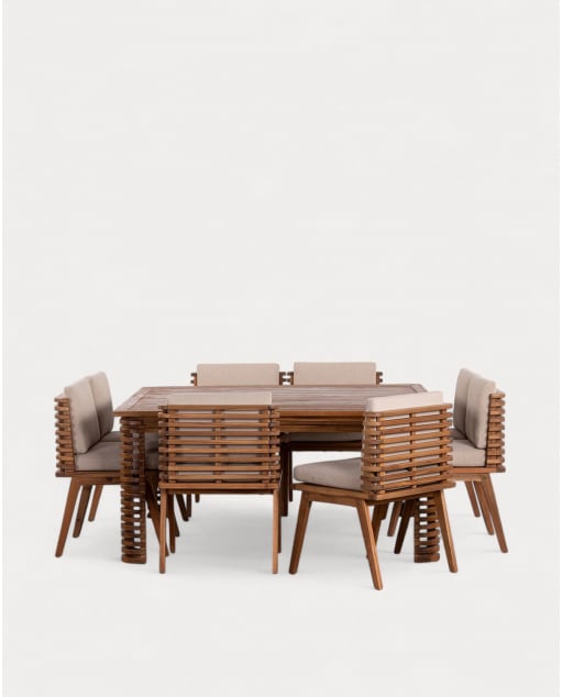Set de Mesa Cuadrada (160x160 cm) y 8 Sillas de Madera de Acacia y Tela de Exterior Hazan