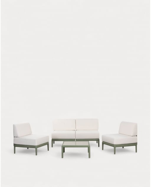 Set de Jardín con Sofá 2 Plazas, 2 Sillones y Mesa de Centro de Cristal Templado y Polipropileno Meivy