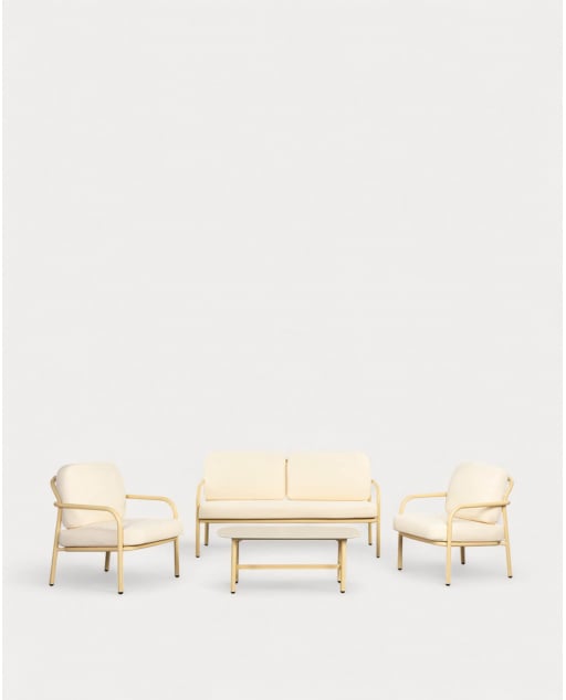 Set de Jardín con Sofá 2 Plazas, 2 Sillones y Mesa de Centro de Metal y Tela Aleina