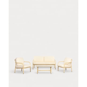 Set de Jardín con Sofá 2 Plazas, 2 Sillones y Mesa de Centro de Metal y Tela Aleina Amarillo Wheat - The Masie