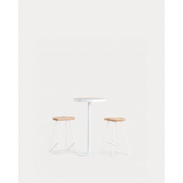 Set de Mesa Alta Redonda (Ø60 cm) Zoar y 2 Taburetes de Metal y Madera Roses Blanco mate - The Masie