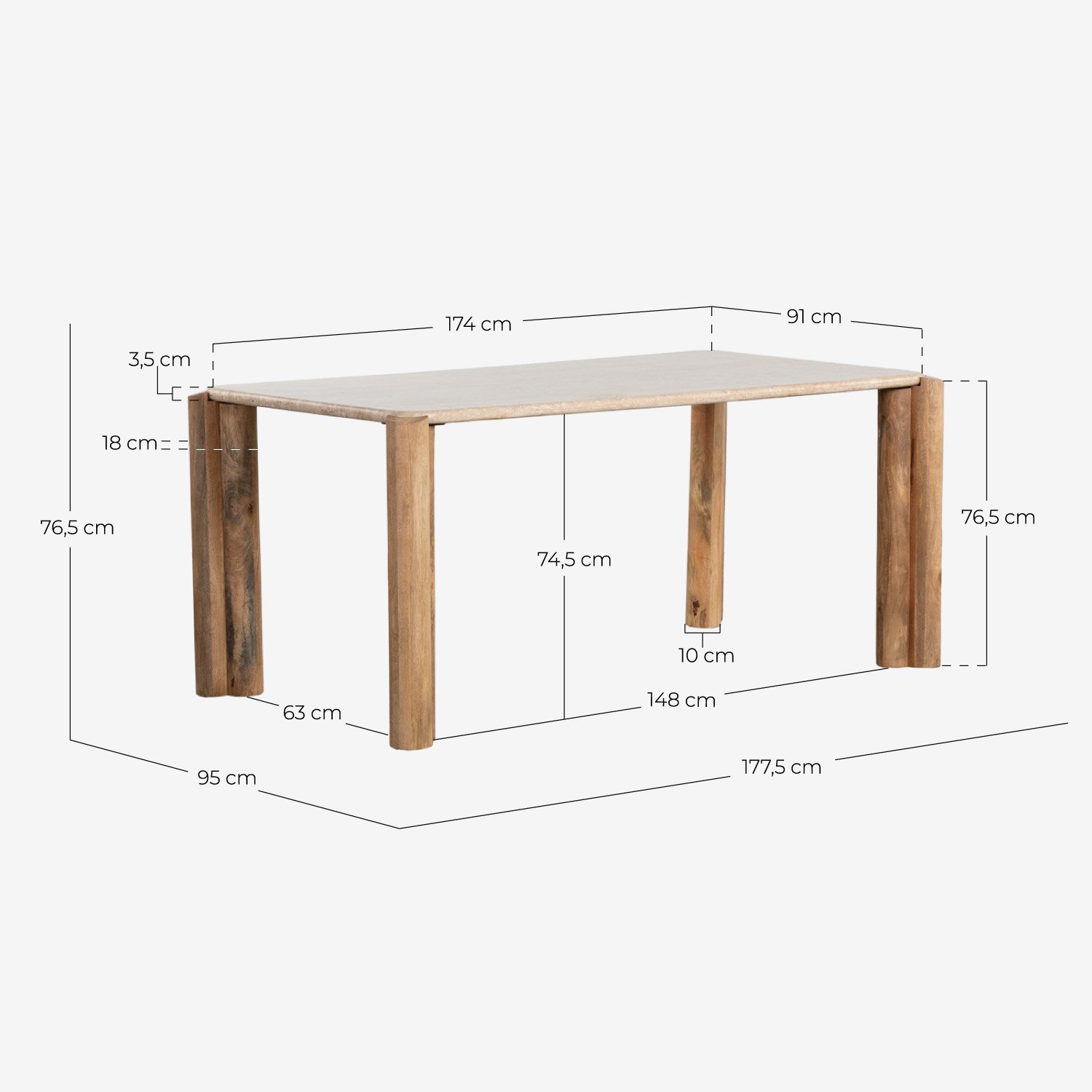 Mesa de Comedor Rectangular con Tablero de Mármol Travertino (174x91 cm) Ethel, medidas