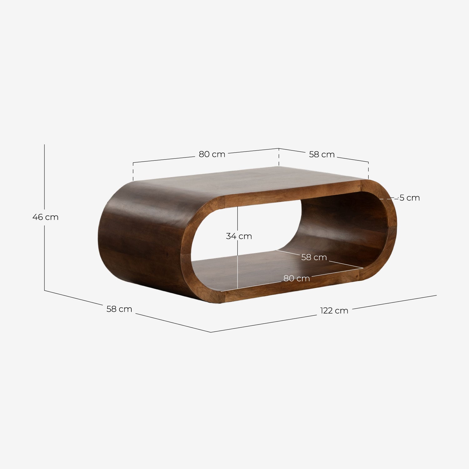 Mesa de centro 122x58 cm de madera de mango Adgar, medidas