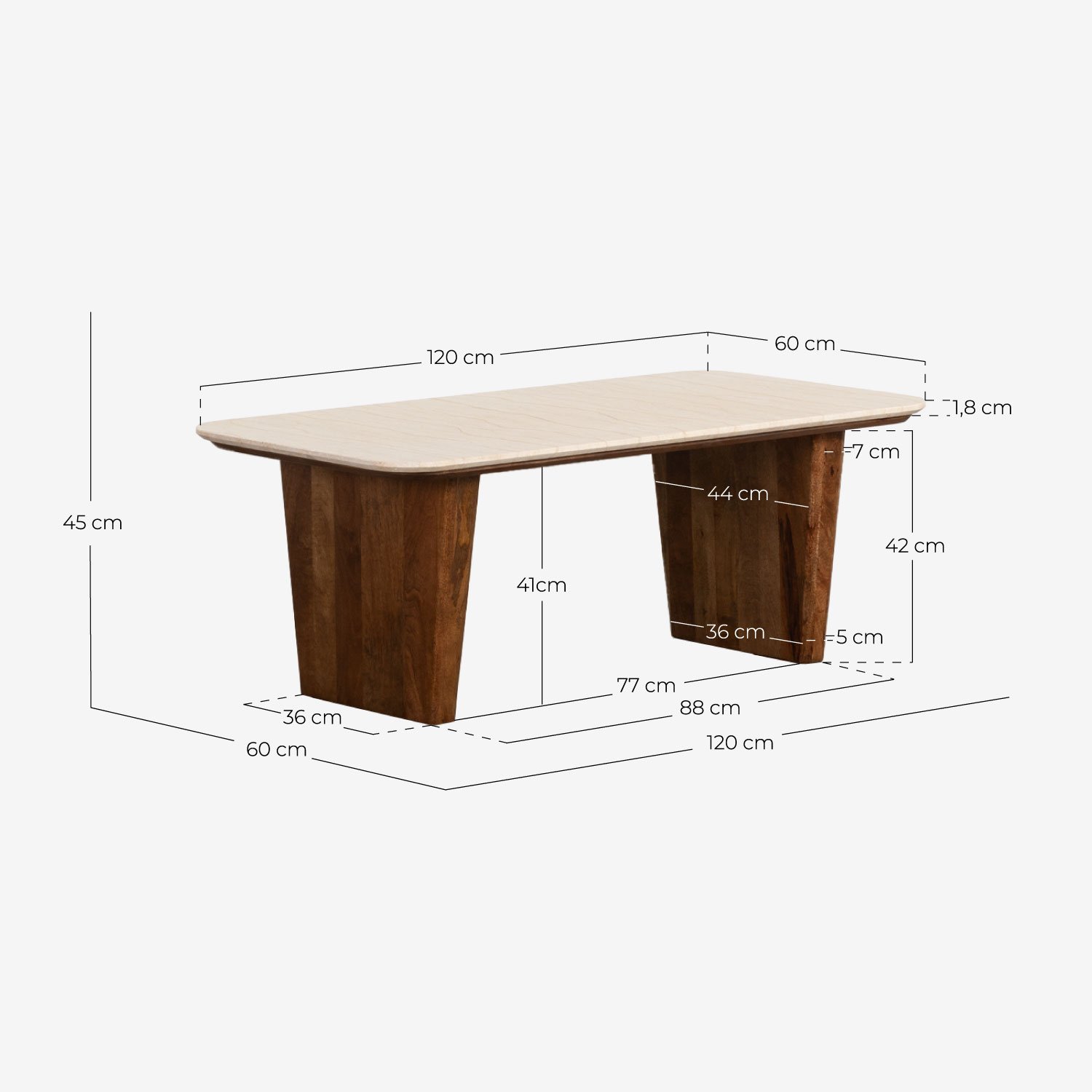 Mesa de Centro Rectangular de Mármol Egipcio y Madera de Mango (120x60 cm) Amatis, medidas