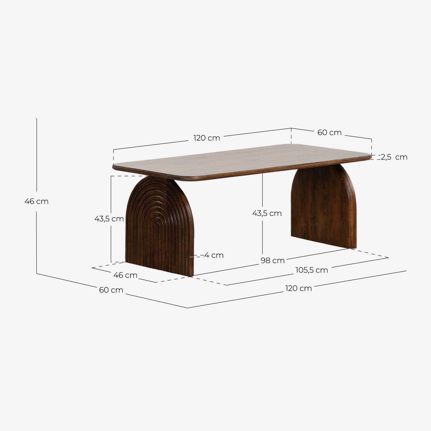 Mesa de Centro Rectangular de Madera de Mango (120x60 cm) Lenis, medidas