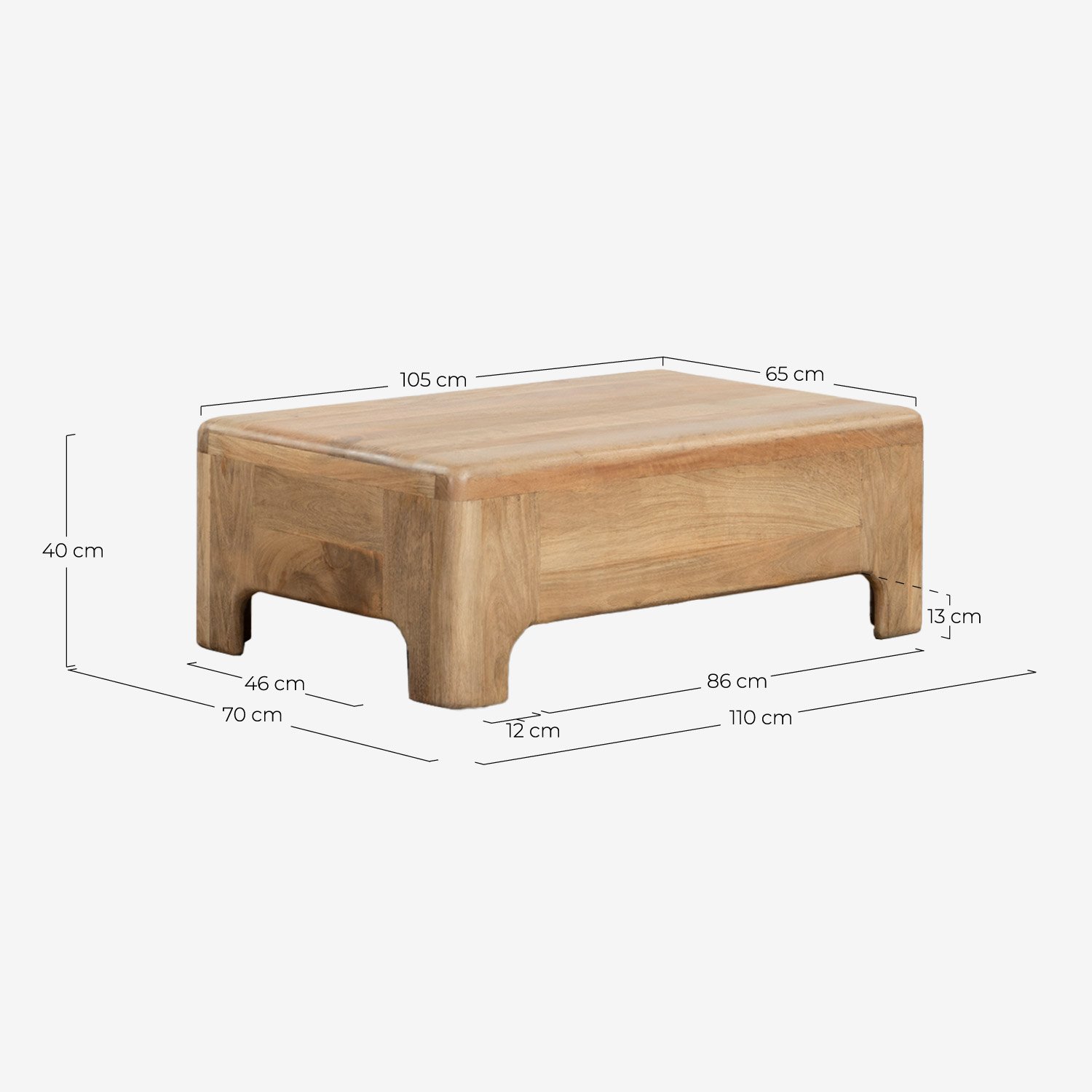 Mesa de Centro Rectangular de Madera de Mango (110x70 cm) Reichel , medidas