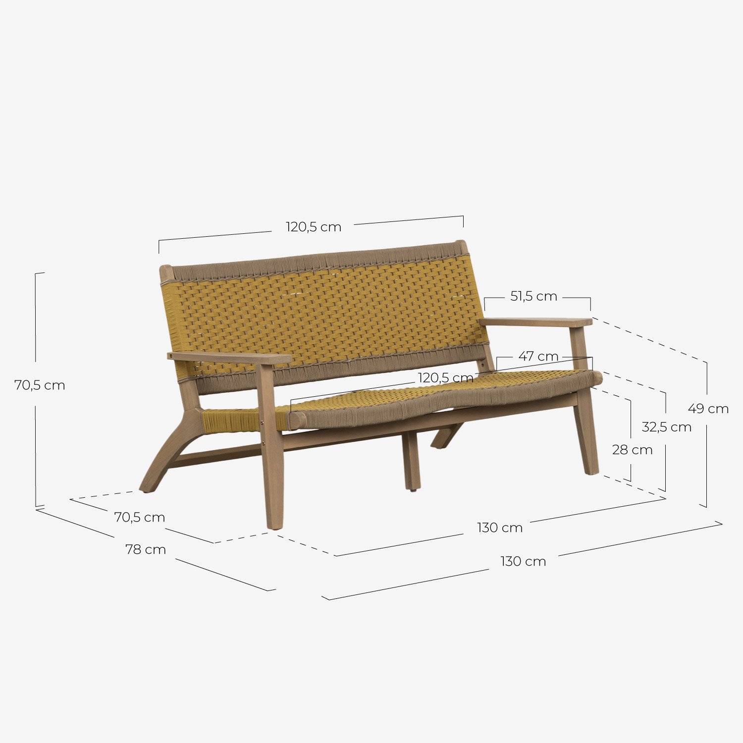 Set de Jardín con Sofá 2 Plazas, 2 Sillones y Mesa de Centro de Madera de Acacia y Cuerda Mirle, medidas