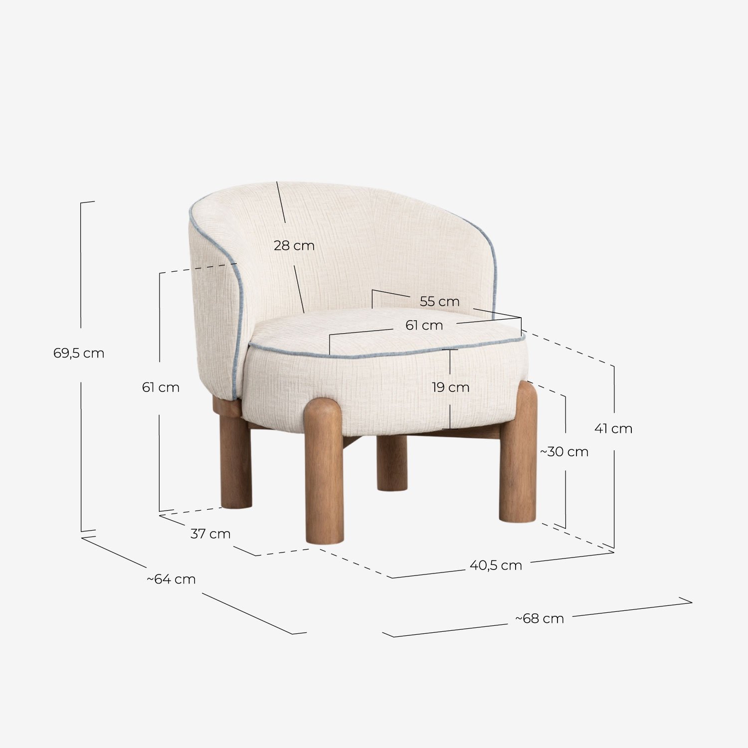 Sillón de Tela y Madera Louis, medidas