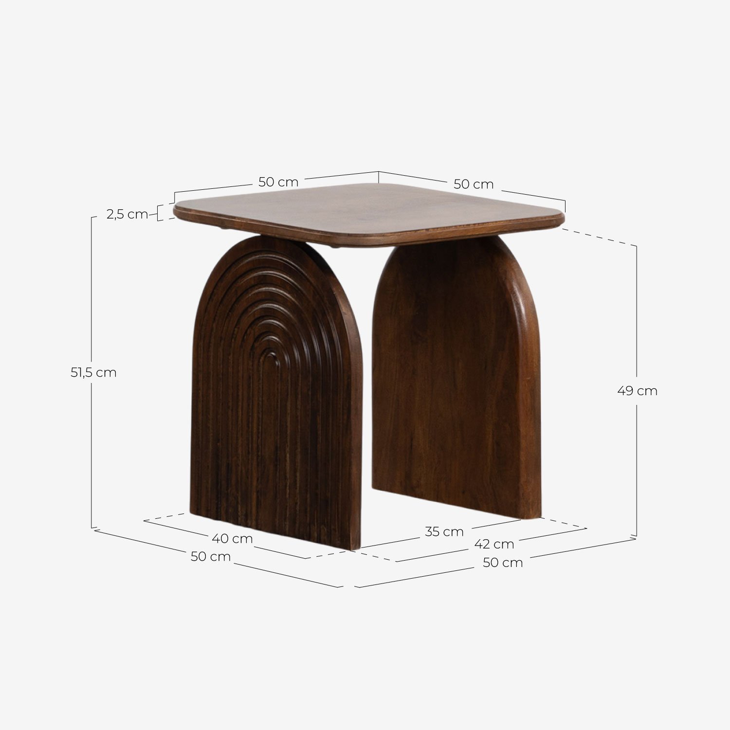 Mesa Auxiliar Cuadrada de Madera de Mango (50x50 cm) Lenis, medidas