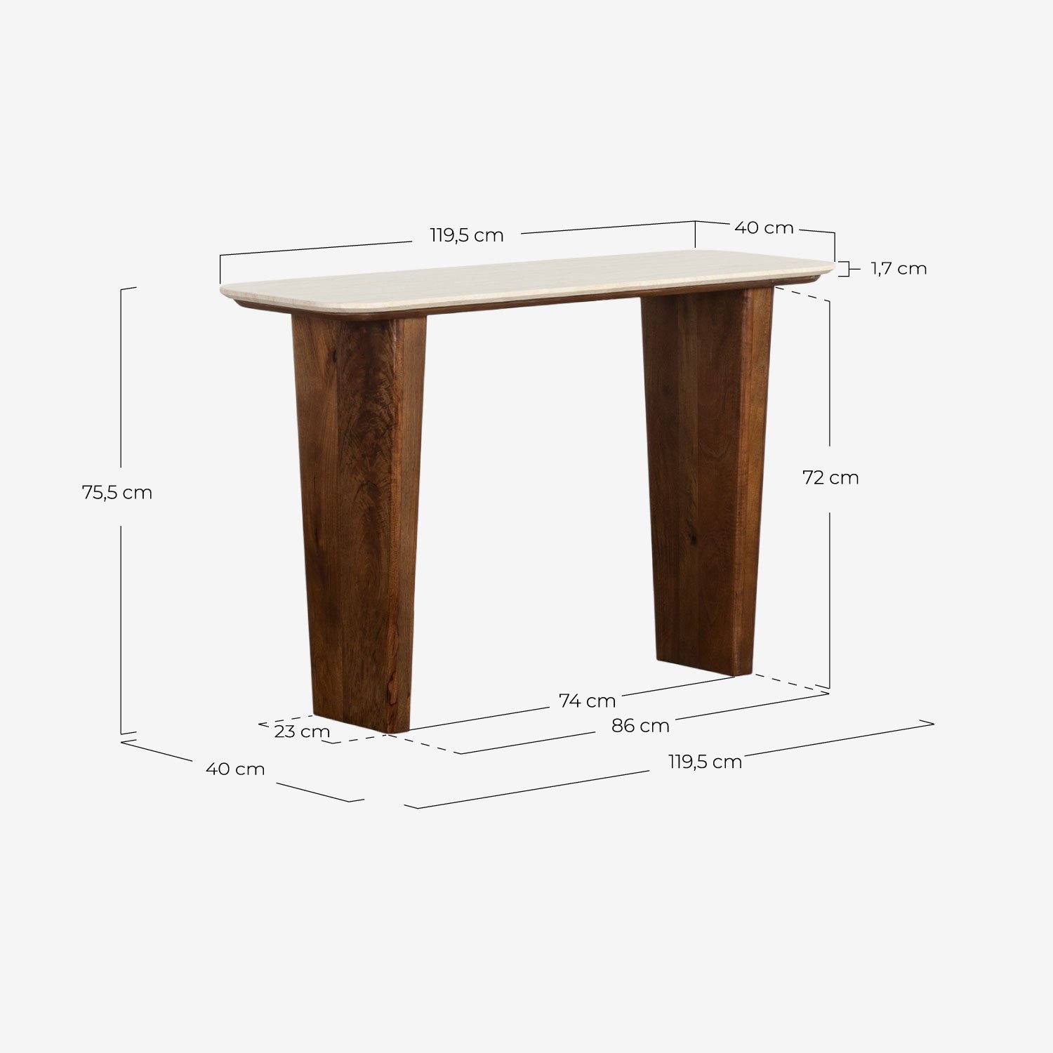 Consola de Mármol Egipcio y Madera de Mango (119,5x40 cm) Amatis, medidas