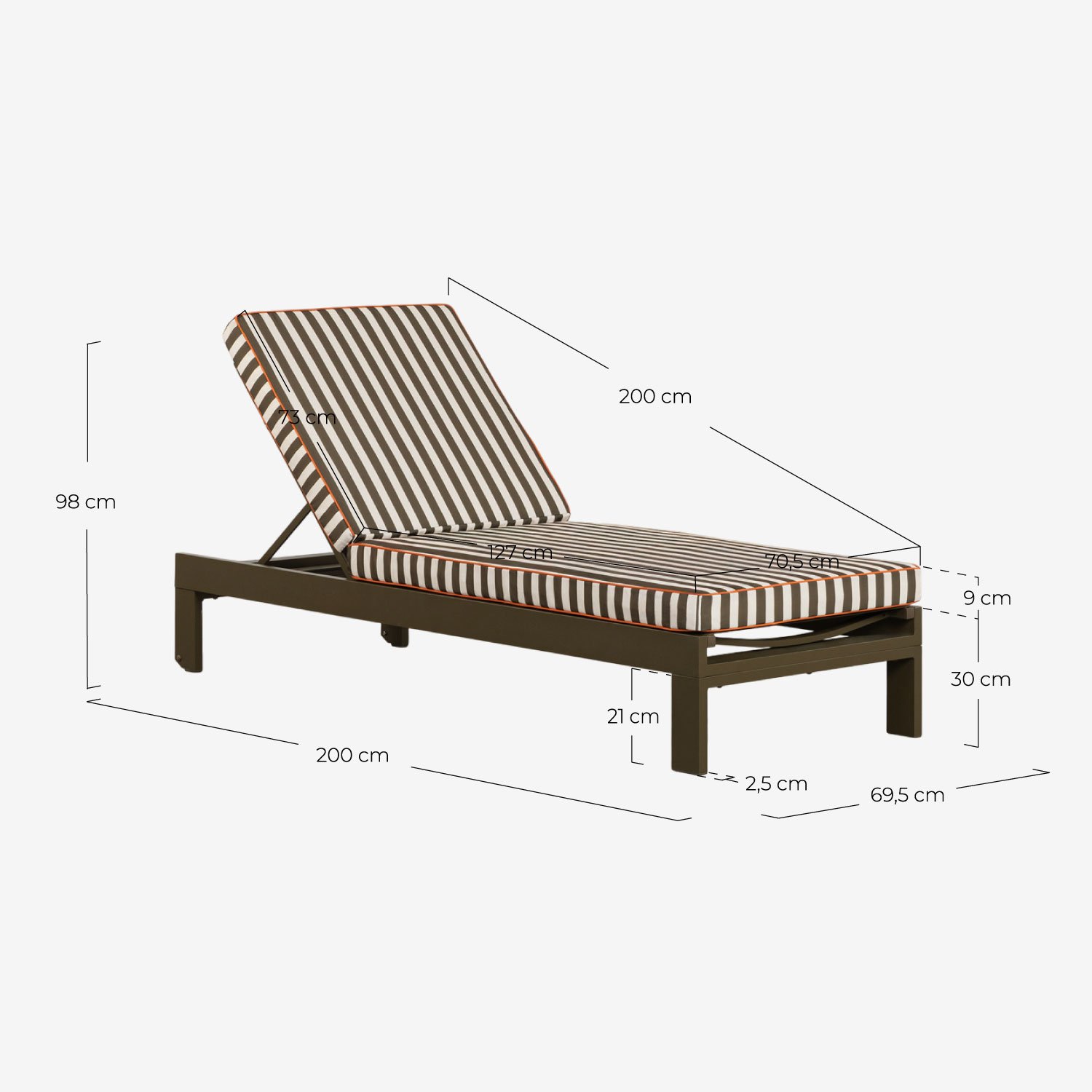 Tumbona Reclinable de Aluminio con Cojín a Rayas New Kreta, medidas