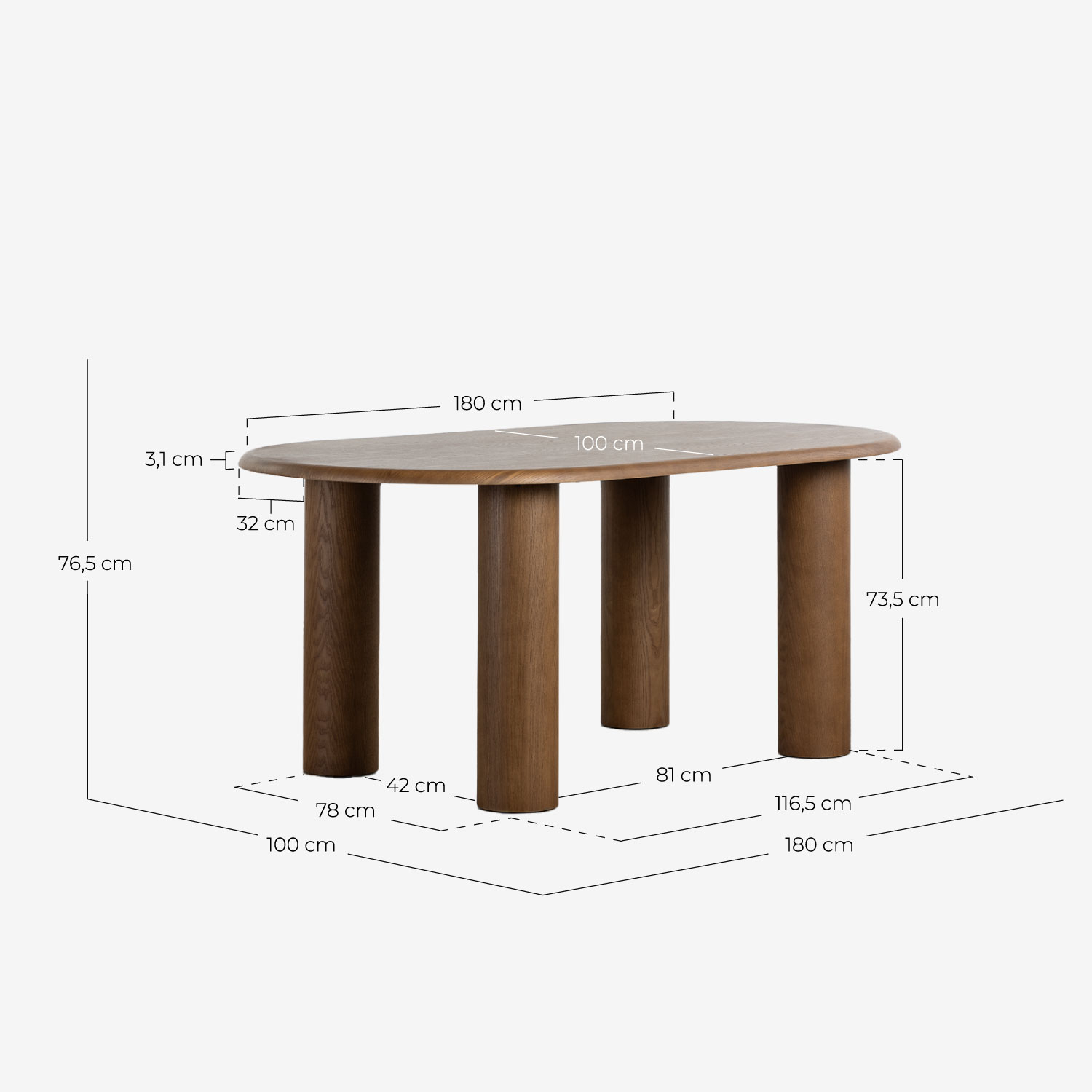 Set de Mesa de Comedor Ovalada (180x100 cm) Alhie y 4  Sillas de Comedor de Madera Laly, medidas