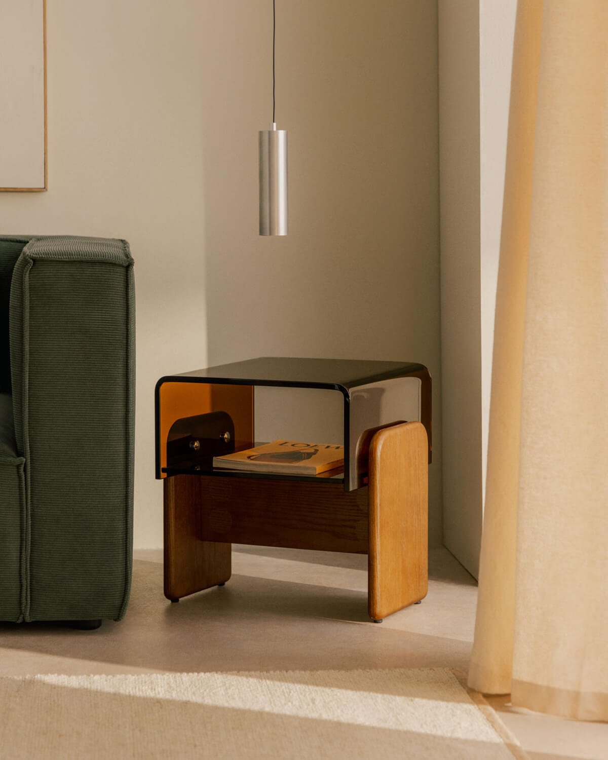 Mesa Auxiliar Rectangular de Cristal Curvado y Madera (45x40 cm) Clery, imagen de galer&iacute;a 2