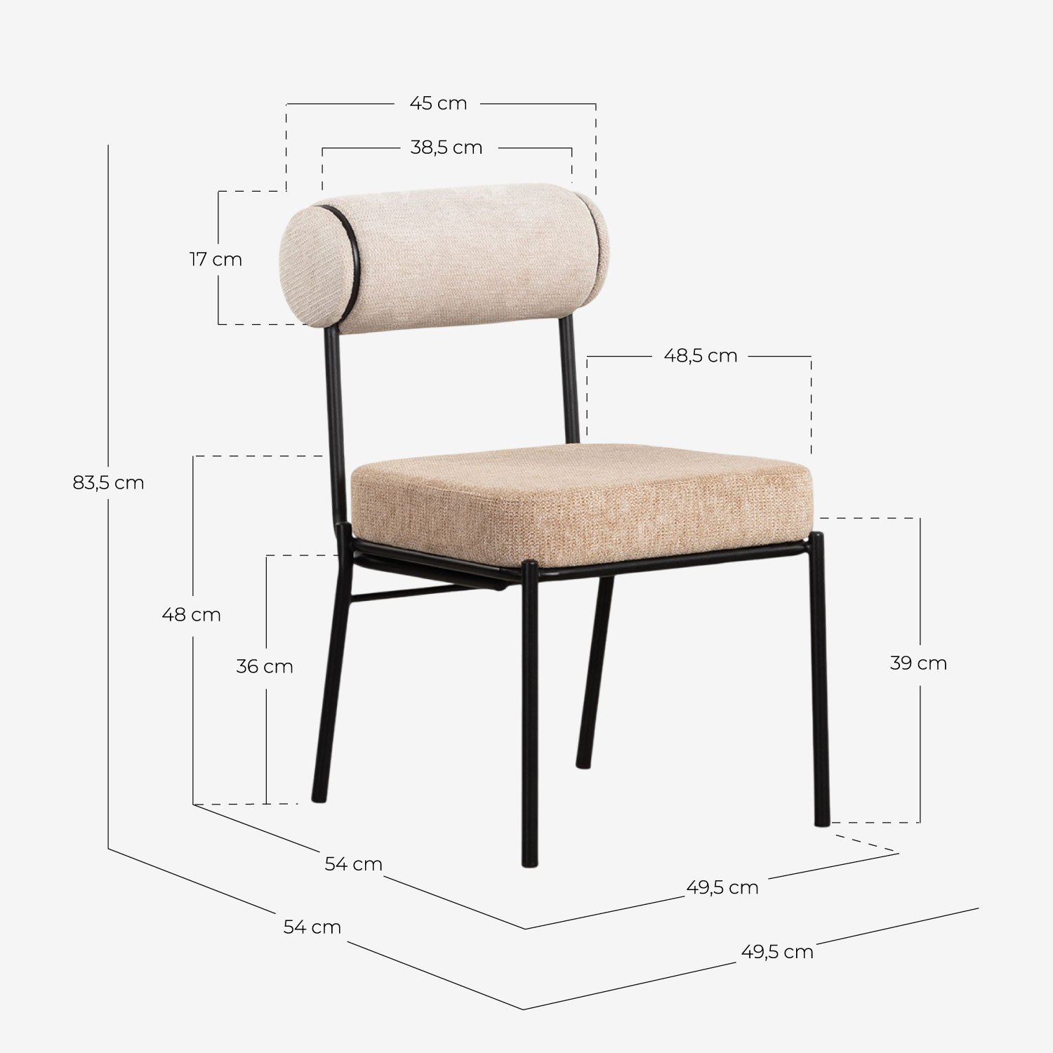 Set de Mesa de Comedor Rectangular de Madera (220x100 cm) Flawas y 4 Sillas de Tela Elin, medidas