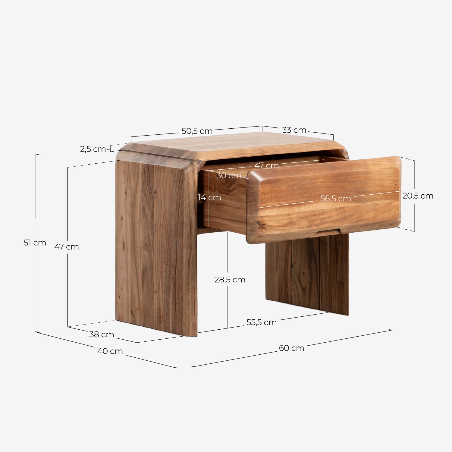Mesita de Noche con Cajón de Madera de Acacia (60x40 cm) Lucil, medidas