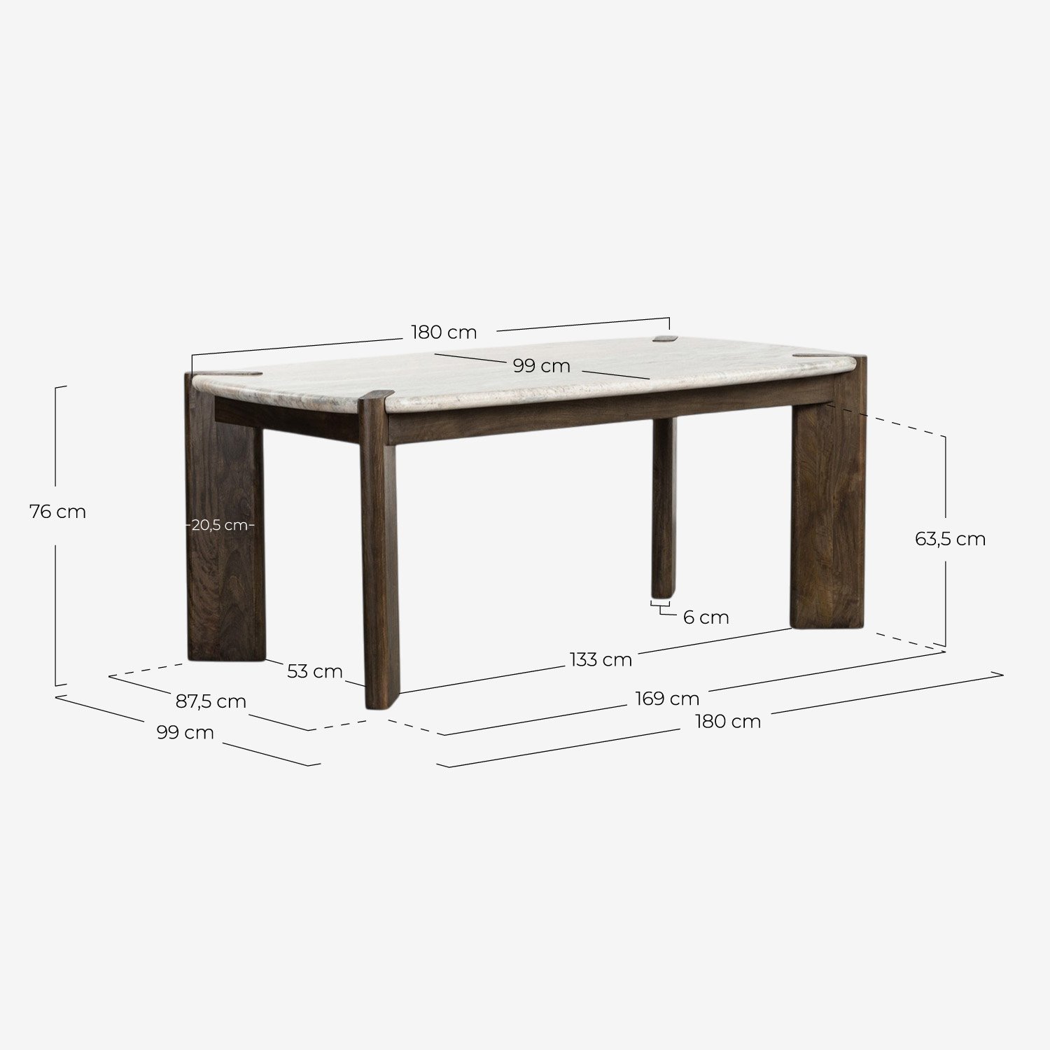Mesa de Comedor Rectangular de Mármol Sawar y Madera de Mango (180x99 cm) Edgar, medidas