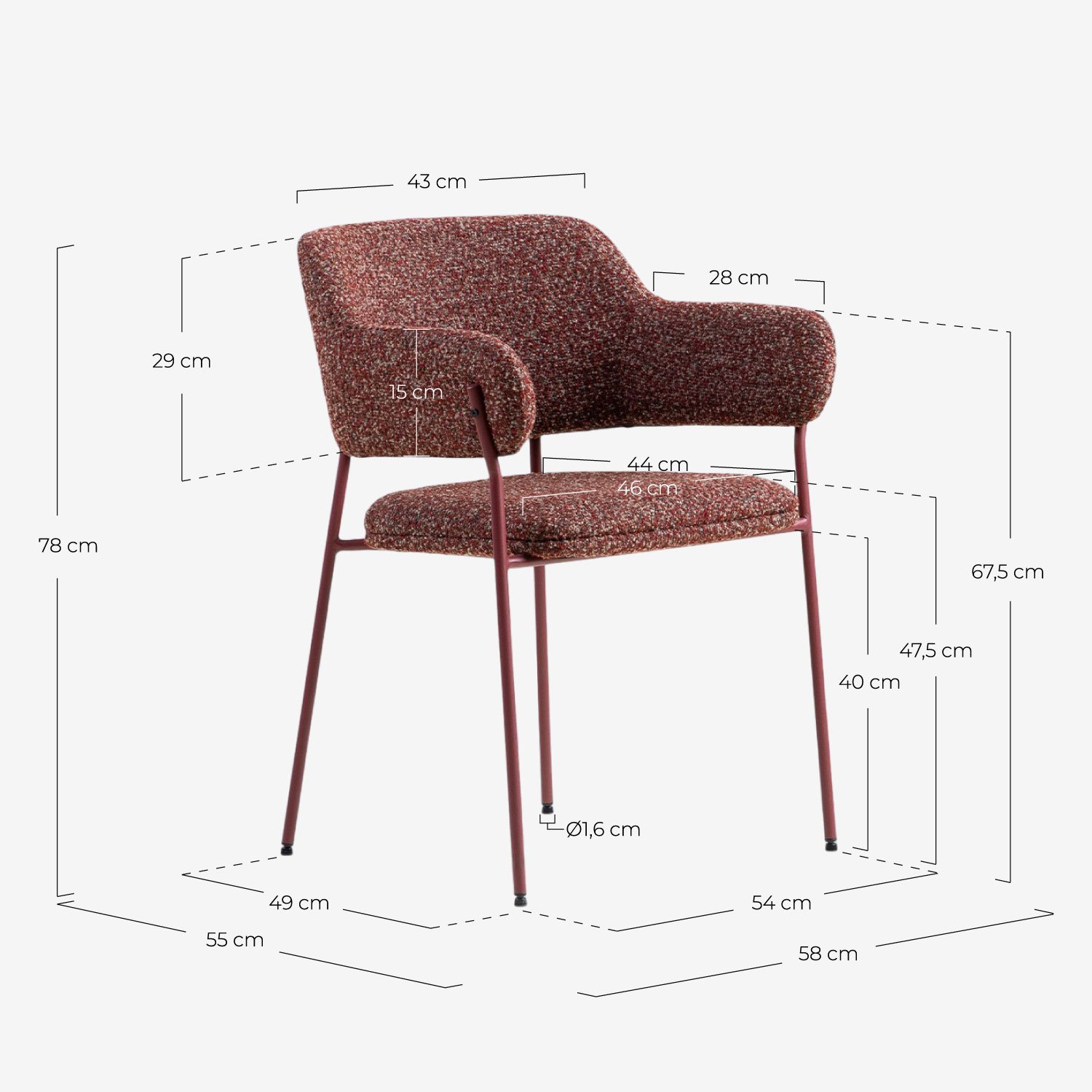 Silla de Comedor con Reposabrazos de Tela y Metal Stana, medidas