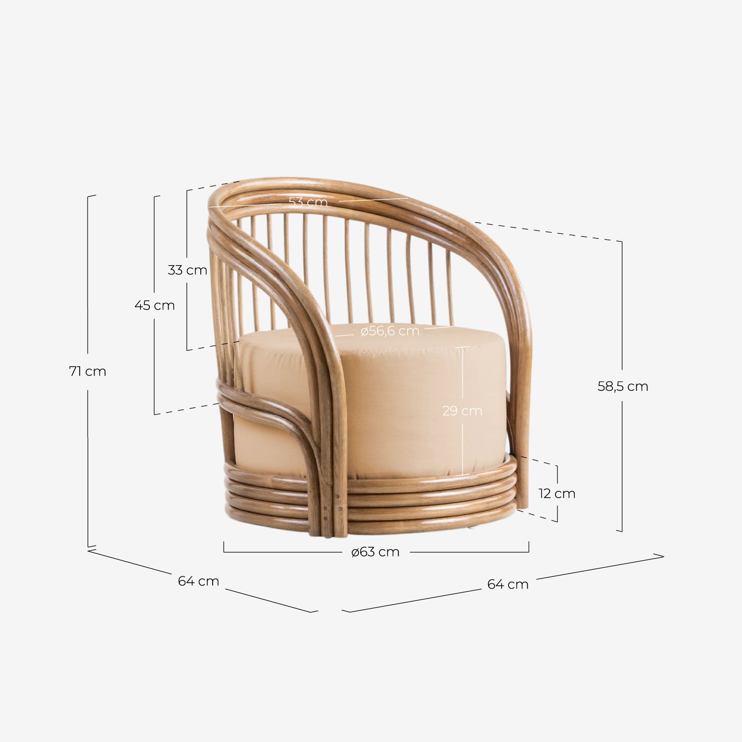 Sillón de Ratán Natural y Tela Kairi, medidas