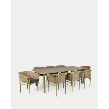 Set de Mesa de Comedor Rectangular (240x110 cm) y 8 Sillas de Madera de Acacia y Metal Caitlyn Verde Olive - The Masie