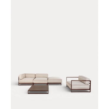 Conjunto de Jardín con Módulo Esquinero, Módulo Central, Módulo Puff, Sillón y Mesa de Centro de Metal y Tela Kristen Beige Seashell - The Masie