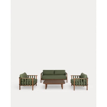 Set de Jardín con Sofá 2 Plazas, 2 Sillones y Mesa de Centro de Madera de Eucalipto y Tela Edvard Verde Nori - The Masie