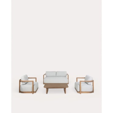 Set de Jardín con Sofá 2 Plazas, 2 Sillones y Mesa de Centro de Madera de Eucalipto y Tela Elnes Marrón Clay - The Masie