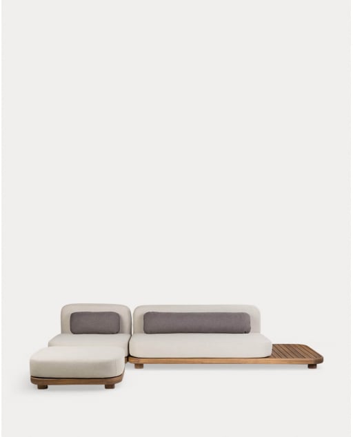 Sofá Modular de Jardín 2 Piezas Módulo Sofá y Módulo Central con Módulo Puff de Madera de Acacia y Tela Redik - Beige Seashell