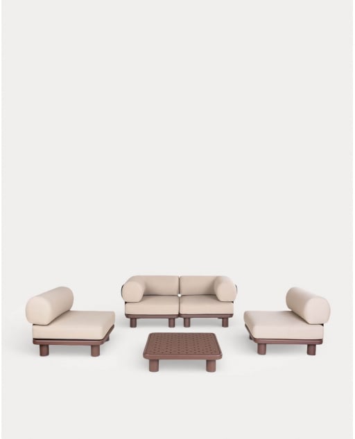 Conjunto de Jardín con 2 Módulo Esquinero, 2 Módulo Central y Mesa de Centro de Aluminio y Tela Lantana