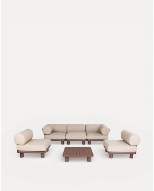 Conjunto de Jardín con 3 Módulo Central, 2 Módulo Esquinero y Mesa de Centro de Aluminio y Tela Lantana