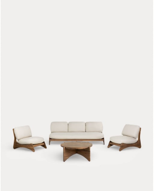 Set de Jardín con Sofá 3 Plazas, 2 Sillones y Mesa de Centro de Madera de Acacia y Tela Lorent