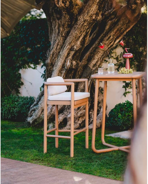 Taburete Alto de Exterior de Madera de Eucalipto y Tela (77 cm) Elnes