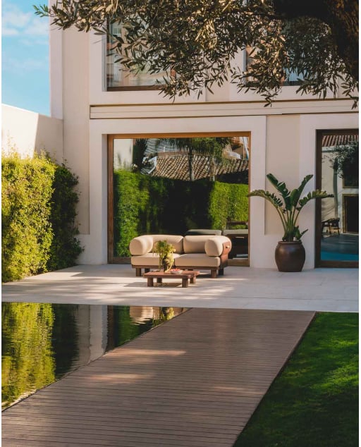 Conjunto de Jardín con 2 Módulo Esquinero y Mesa de Centro de Aluminio y Tela Lantana