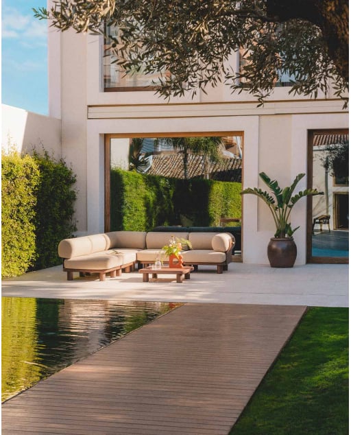 Conjunto de Jardín con 4 Módulo Central, Módulo Esquinero y Mesa de Centro de Aluminio y Tela Lantana