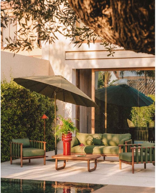 Set de Jardín con Sofá 2 Plazas, 2 Sillones y Mesa de Centro de Madera de Eucalipto y Tela Edvard