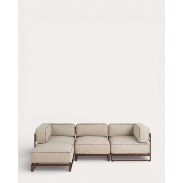 Sofá Modular de Jardín 3 Piezas con 2 Módulo Esquinero y Módulo Central con Módulo Puff de Metal y Tela Kristen Beige Seashell - The Masie
