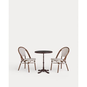 Set de Mesa de Comedor Redonda (Ø60 cm) y 2 Sillas de Metal y Ratán Sintético Yona Bistro Marrón Clay - The Masie
