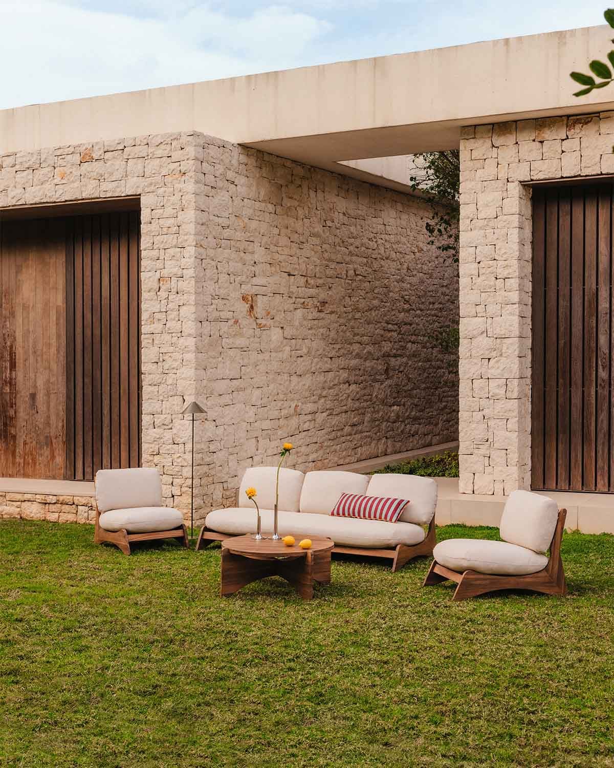 Set de Jardín con Sofá 3 Plazas, 2 Sillones y Mesa de Centro de Madera de Acacia y Tela Lorent, imagen de galer&iacute;a 2