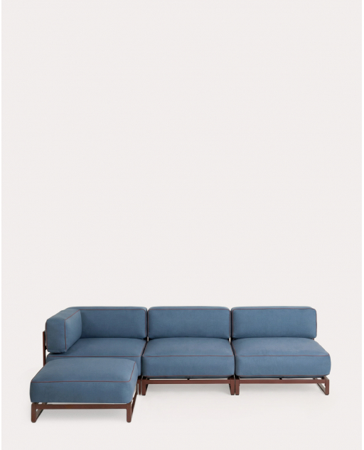 Sofá modular de jardín de 3 piezas con módulo esquinero y módulo central con módulo puff de metal y tela Kristen - Azul Silvery