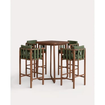 Set de Mesa Alta (70x70 cm) y 4 Taburetes Altos de Madera de Eucalipto y Tela de Exterior Edvard Verde Nori - The Masie