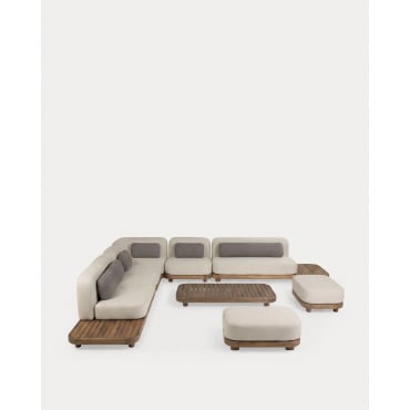 Conjunto de Jardín con 7 Módulos, Sofá, Central, Esquinero, Puff y Mesa de Centro de Madera de Acacia y Tela Redik Beige Seashell - The Masie