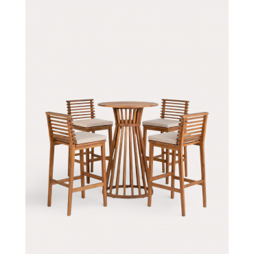 Set de Mesa Alta (Ø70 cm) y 4 Taburetes Altos de Madera de Acacia y Tela (75 cm) de Exterior Hazan Beige Seashell - The Masie