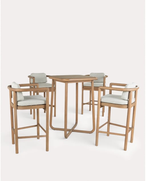 Set de Mesa Alta (70x70 cm) y 4 Taburetes Altos de Madera de Eucalipto y Tela de Exterior Elnes