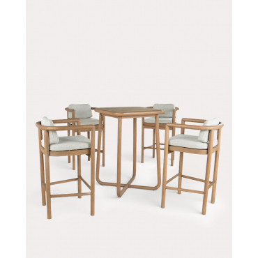 Set de Mesa Alta de Comedor (70x70 cm) y 4 Taburetes Altos de Madera de Eucalipto y Tela Elnes Marrón Clay - The Masie