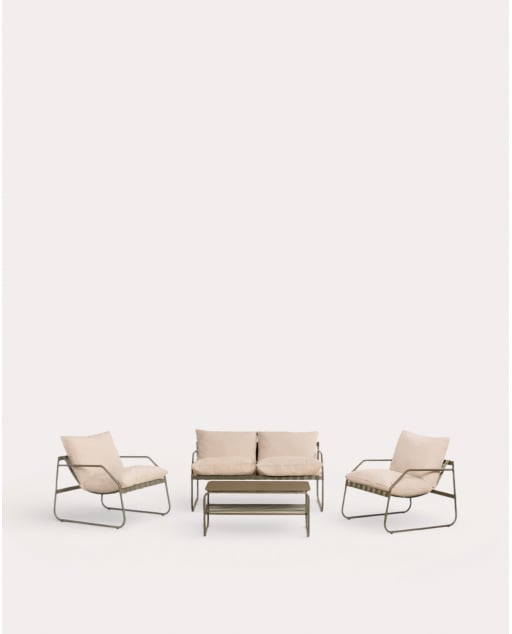 Set de Jardín con Sofá 2 Plazas, 2 Sillones y Mesa de Centro de Metal y Tela Ohiane