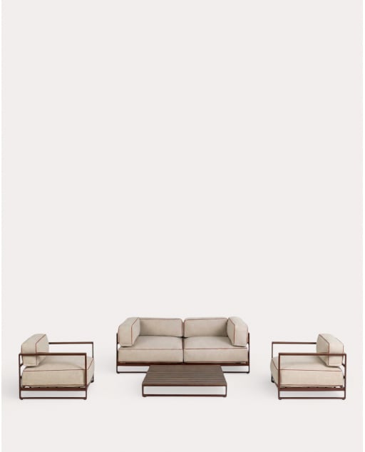 Conjunto de Jardín con 2 Módulo Esquinero, 2 Sillones y Mesa de Centro de Metal y Tela Kristen - Beige Seashell