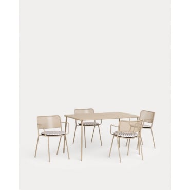 Set de Mesa Rectangular (130x80 cm) Mijail y 4 Sillas con Reposabrazos de Metal Dorothea de Exterior Marrón Clay - The Masie