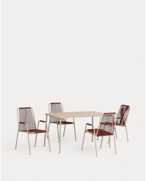 Set de Mesa Rectangular (130x80 cm) Mijail y 4 Sillas con Resposabrazos de Metal Mayailer de Exterior - Marrón Clay