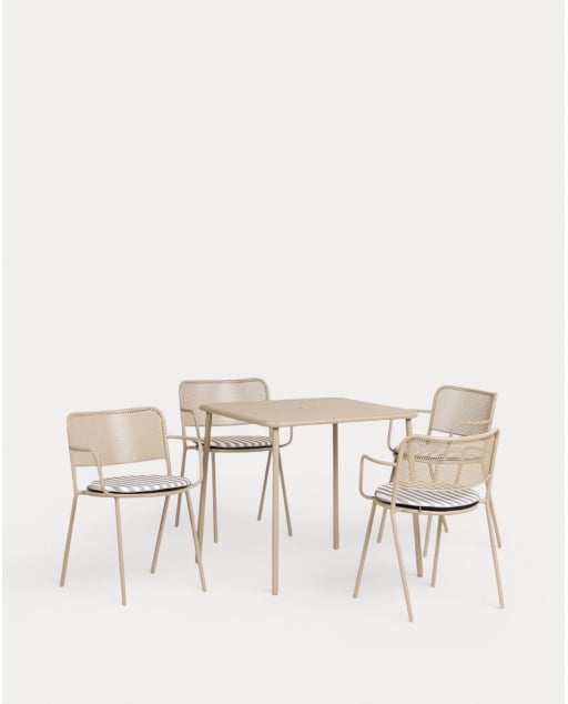 Set de Mesa Cuadrada (78x78 cm) Mijail y 4 Sillas con Resposabrazos de Metal Dorothea de Exterior - Marrón Clay