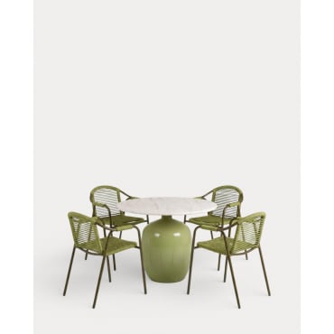 Set de Mesa Redonda de Cemento (Ø100 cm) Uxue y 4 Sillas con Reposabrazos de Metal y Cuerda Murna de Exterior Verde Olive - The Masie